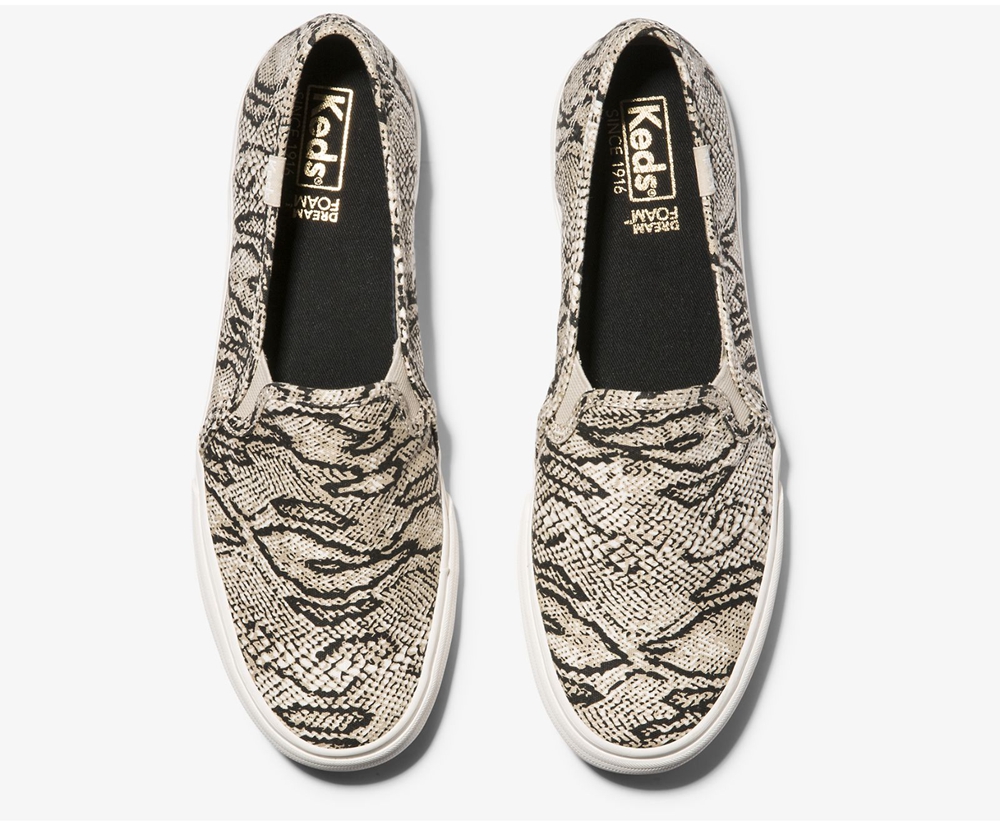 Slip Ons Keds Mujer Blancas/Negras - Double Decker Animal - 197-AFDGJW